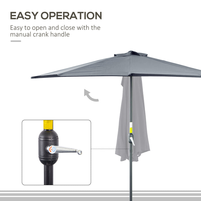 2.7m Half Parasol Balcony Umbrella with 5 Steel Ribs - Space-Saving Garden Outdoor Shade in Grey - Ideal for Compact Patio Areas and Sun Protection