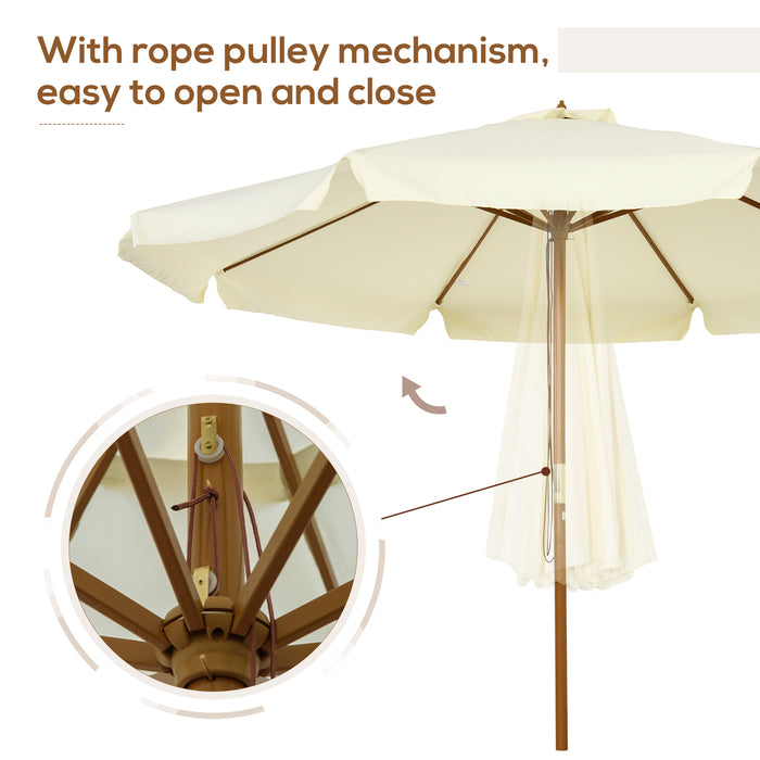 Garden Parasol with Bamboo Ribs - 3.3m Beige Patio Umbrella & Sun Shade Canopy with Ruffles, Wood Pole - Ideal for Outdoor Comfort and UV Protection