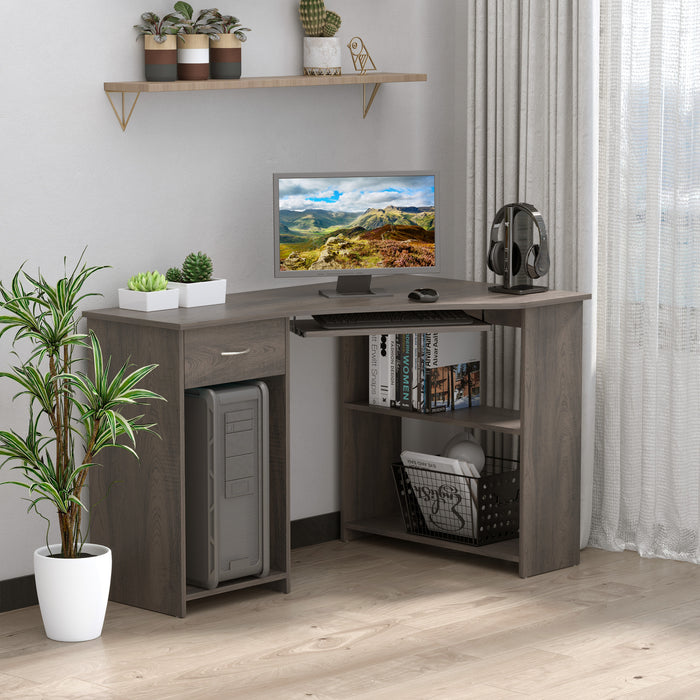 L-Shaped Corner Desk with Keyboard Tray and CPU Stand - Spacious Worktop with 2 Shelves and Drawer for Home Office - Ideal for Study Room and Bedroom, Grey Finish