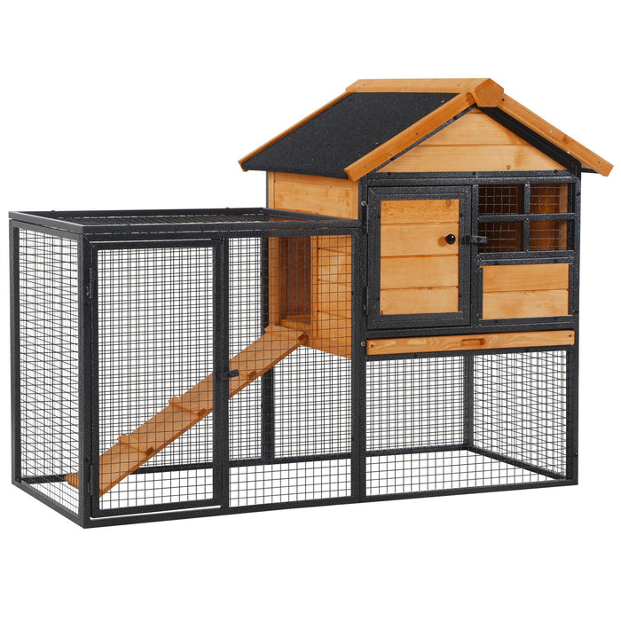 Elevated Wooden Rabbit Hutch with Metal Frame - Outdoor Pet Bunny Cage, Slide-Out Tray for Easy Cleaning - Ideal for Small Animals Safe Housing