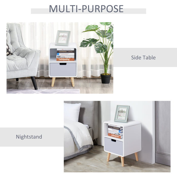 Scandinavian-Inspired Nightstand - 40x38x58 cm Minimalist Bedside Table in White, Grey, & Natural Wood Tones - Ideal for Modern Bedroom Decor & Storage Convenience