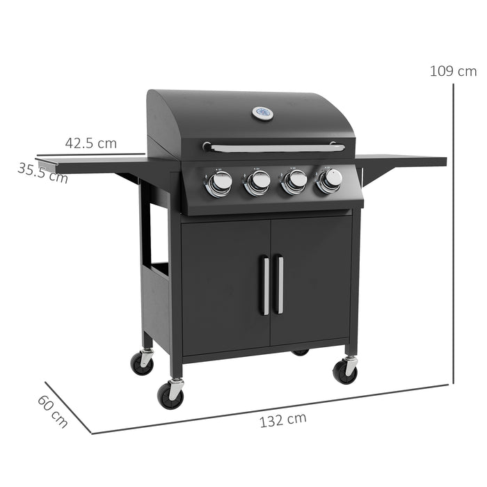 Outdoor Portable 4-Burner Gas BBQ Grill with Warming Rack - Equipped with Side Shelves, Storage Cabinet, Built-In Thermometer - Ideal for Garden Parties and Family Gatherings