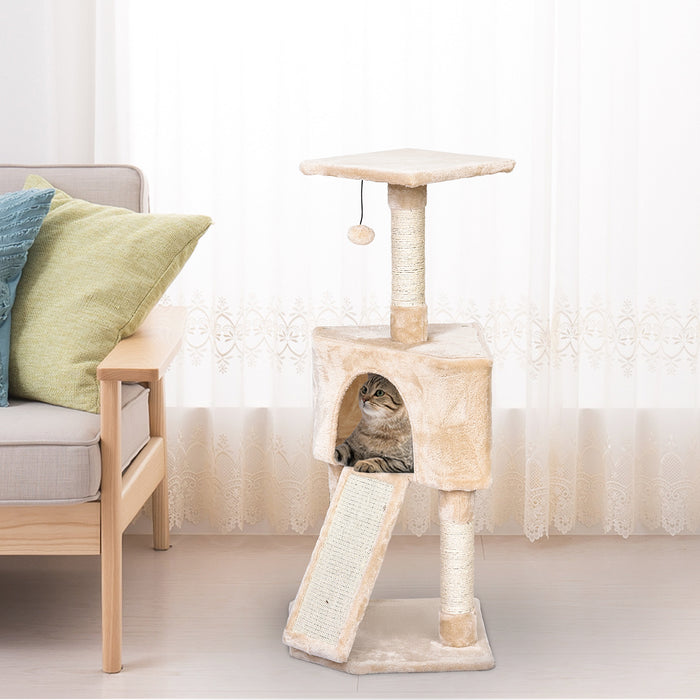 3-Tier Sisal Rope Cat Scratching Post with Dangling Toy - Beige Multi-Level Cat Scratcher - Ideal for Play and Claw Health Maintenance