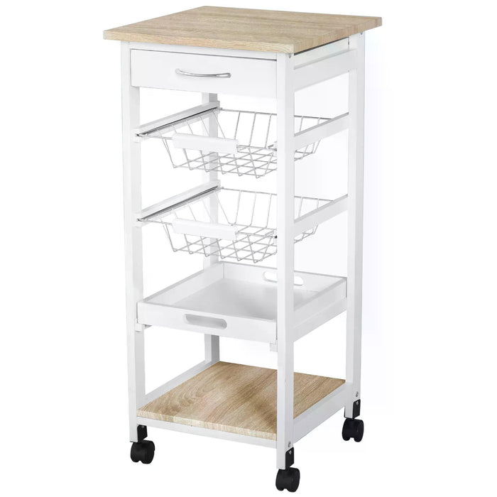 Mobile Kitchen Island Trolley with Serving Cart - Includes Drawer & Storage Basket, Elegant White Design - Ideal for Living Room Entertaining and Storage Needs