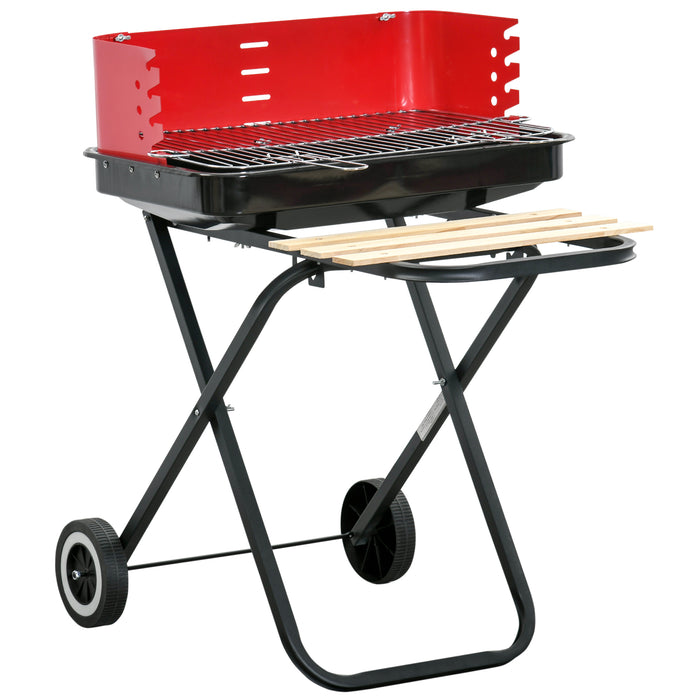 Foldable Charcoal BBQ Grill with Windshield - Portable Garden Barbecue Trolley with Wheels & Side Trays - Ideal for Outdoor Cooking, Red/Black Design