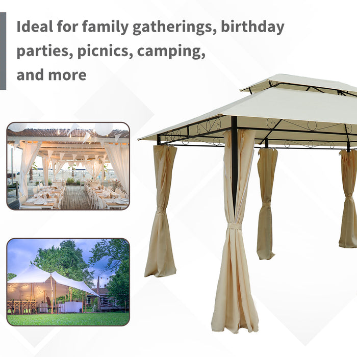 4m x 3m Metal Gazebo - Outdoor Canopy Party Tent with Beige Curtains Sidewalls - Ideal Garden Pavilion Patio Shelter for Events & Gatherings