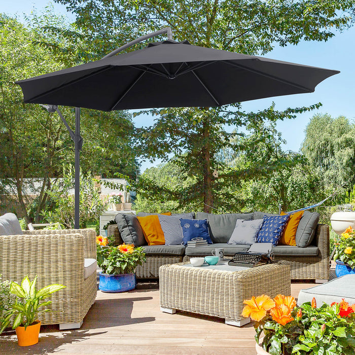 Garden Cantilever Parasol Umbrella with Crank & Tilt - 3m Patio Banana Hanging Sun Shade, 8 Ribs, Cross Base in Black - Ideal for Outdoor Relaxation and UV Protection