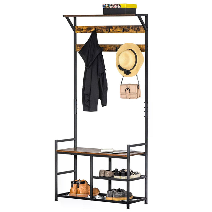 Shoe Storage Bench with Coat Rack Stand - 9 Hooks and Shelving, 180cm Tall in Brown and Black - Ideal for Bedroom, Living Room, or Entryway Organization