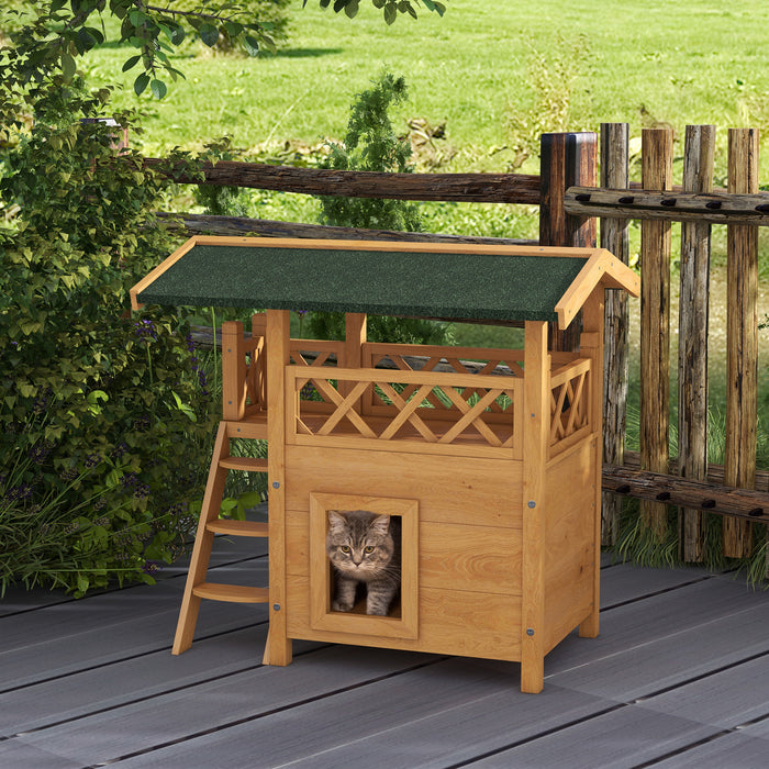 Outdoor Cat Shelter with Elevated Balcony and Stairs - Weatherproof Wooden Design, 77x50x73 cm - Perfect Hideaway for Cats in Gardens or Backyards