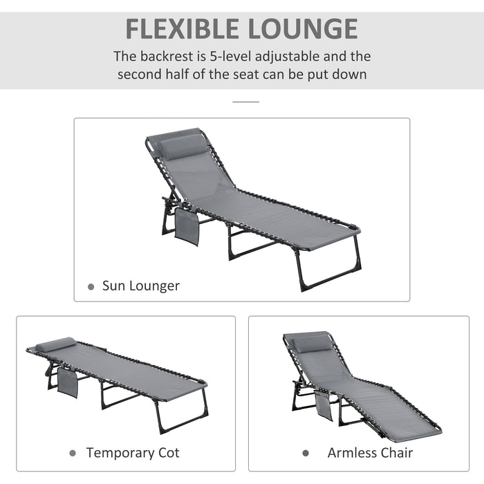 Portable Sun Lounger with Pillow - 5-Position Adjustable Reclining Lounge Chair and Folding Camping Bed Cot - Ideal for Patio, Beach, and Pool Relaxation, Grey