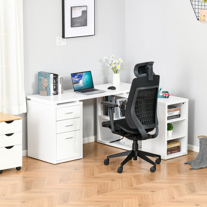 L-Shaped Workstation - Multifunctional White Corner Desk with Storage Shelves & Drawers - Ideal for Home Office and Study Area