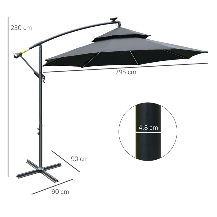 Cantilever Banana Parasol with Solar LED Lights - Double Roof Hanging Umbrella, Crank Operation, 8 Ribs, Cross Base - Ideal for Outdoor Relaxation and Night Use