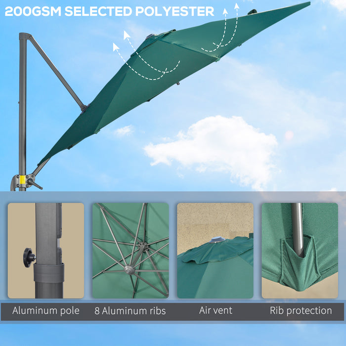 Cantilever Parasol 3x3m with Cross Base - 360° Rotating Outdoor Umbrella with Crank Handle and Tilt, Green - Ideal Sunshade for Garden, Patio Use