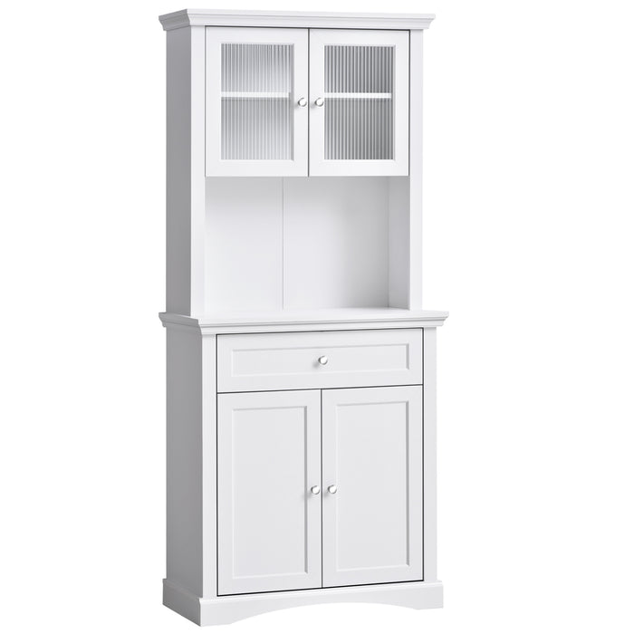 Freestanding Kitchen Cupboard - Glass-Doored Storage Cabinet with Adjustable Shelves and Counter Space - Ideal for Dining Area Organization and Display