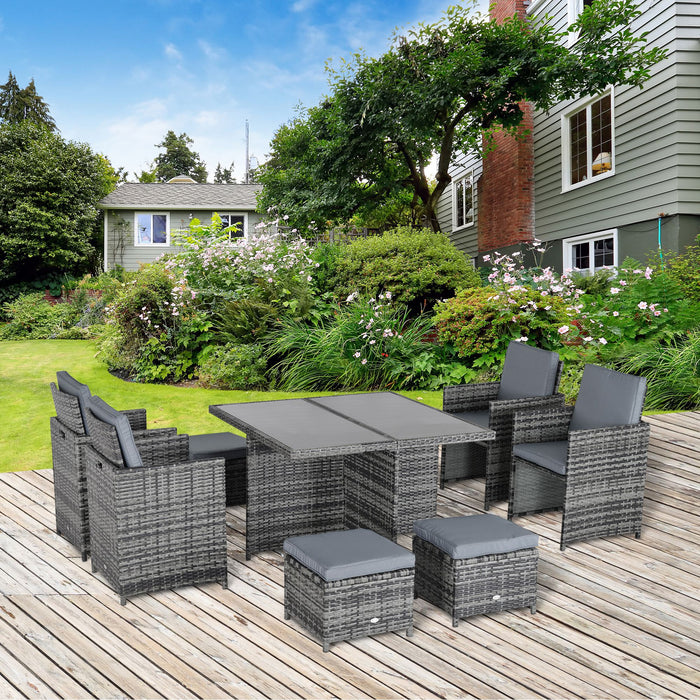 9PC Rattan Dining Set - Stylish 8-Seater Wicker Outdoor Furniture with Chairs, Footrests, Table & Thick Cushions - Perfect for Garden and Patio Entertaining