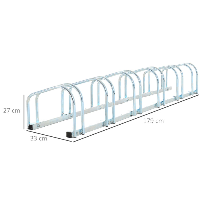 Bicycle Floor-to-Wall Secure Parking Stand - 6-Slot Lockable Bike Storage Rack, 179L x 33W x 27H, Silver - Ideal for Cyclists and Garage Organizers