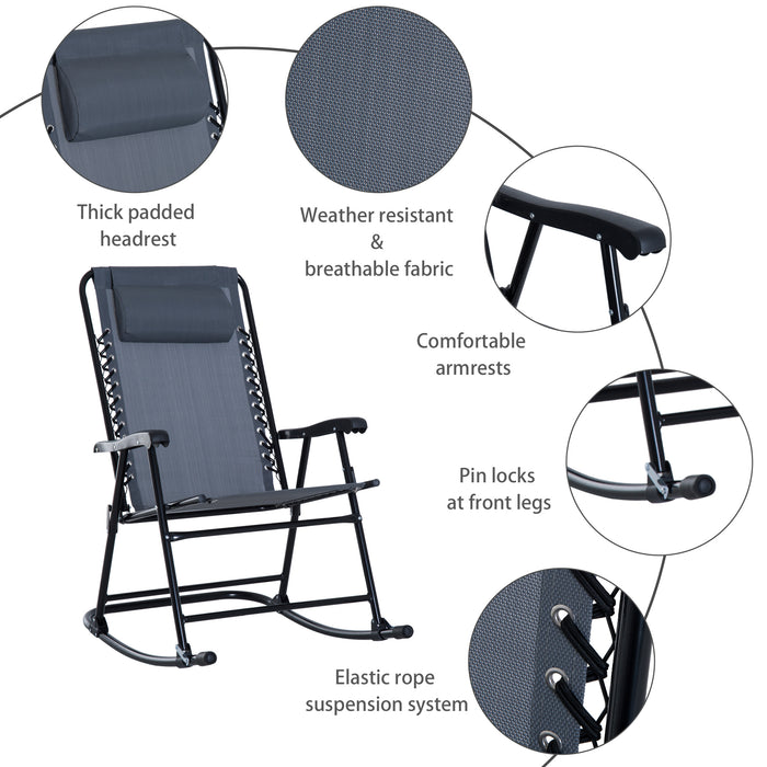 Outdoor Rocking Bistro Set - 3-Piece Patio Ensemble with 2 Folding Chairs & Tempered Glass Table - Ideal for Garden and Deck Relaxation in Grey