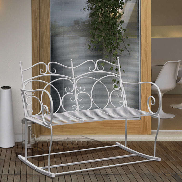 2-Person Patio Rocking Bench - Steel Frame Outdoor Loveseat with Ornate Backrest - Ideal for Garden or Porch Relaxation in Classic White