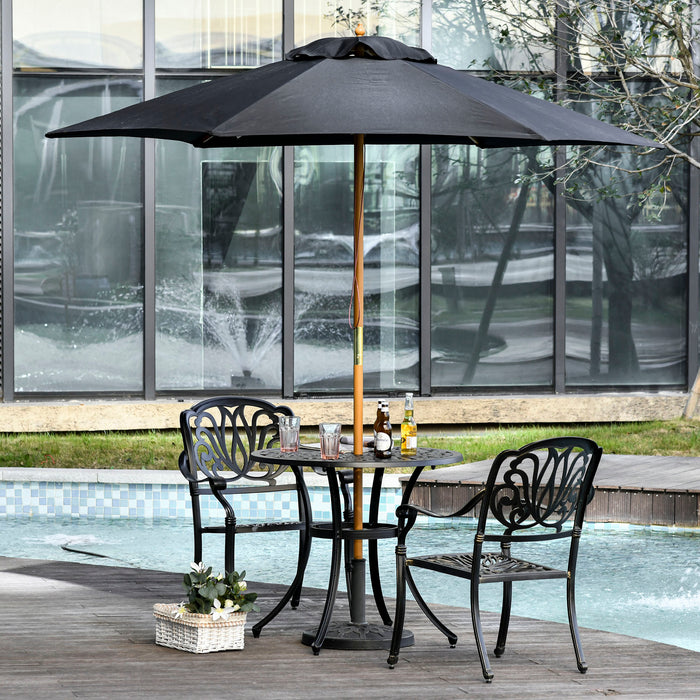 Wood Garden Parasol 2.5m - Outdoor Patio Sun Shade with Wooden Umbrella Stand, Black Canopy - Ideal for Home Backyard Comfort and UV Protection