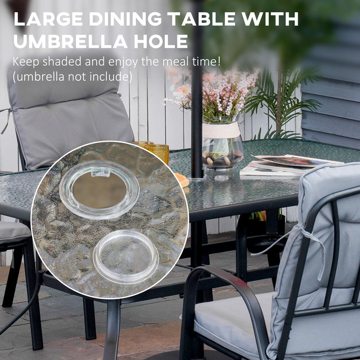 7-Piece Garden Dining Set - Outdoor Table with Tempered Glass Top & Umbrella Hole, 6 Black Cushioned Armchairs with Texteline Fabric - Elegant Patio Furniture for Al Fresco Dining