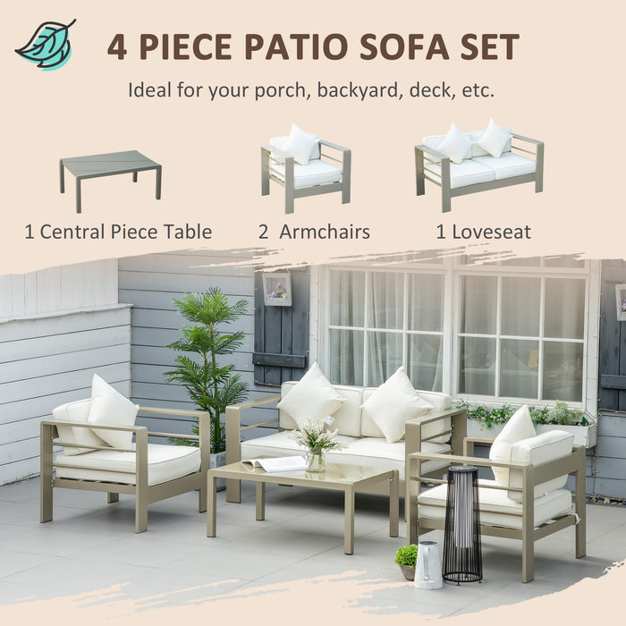 Aluminum Outdoor Garden Furniture 4-Piece Set - Cushioned Loveseat & Glass Top Table in Champagne Gold - Elegant Patio and Backyard Comfort Ensemble