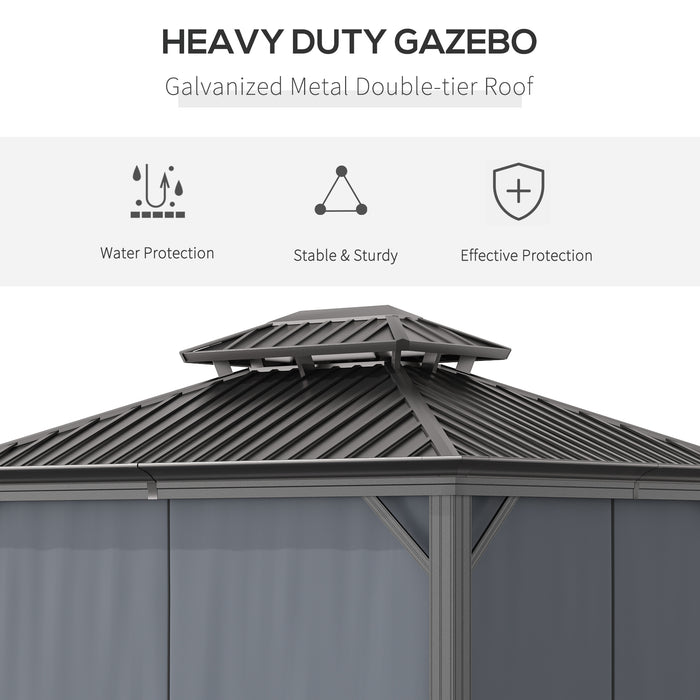 Outdoor Hardtop Gazebo Canopy 3.7x3m - Aluminum Frame, 2-Tier Roof, Mesh Netting Sidewalls, in Grey - Ideal for Patio Enhancement and Entertaining