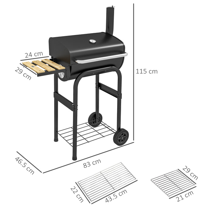 Outdoor Charcoal BBQ Grill on Wheels with Side Shelves - Sturdy Mobile Barbecue Trolley in Black - Ideal for Patio Cooking and Entertainment