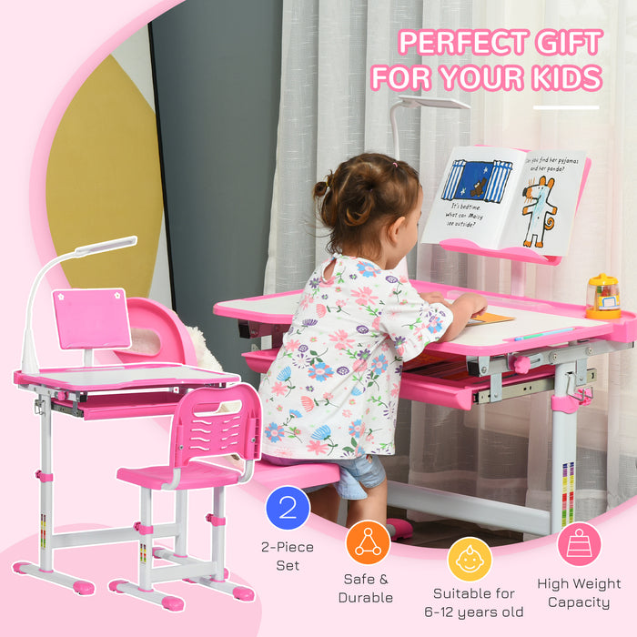 Height Adjustable Children's Study Desk with Chair - Ergonomic Design with USB Lamp and Storage Drawer - Ideal for Homework and Art Projects, Pink and White