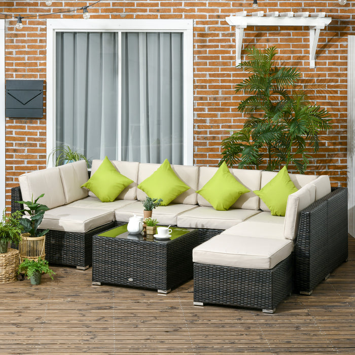 PE Rattan 7-Seater Sofa Set with Tempered Glass Table - Corner Wicker Garden Furniture with Cushions and Covers, Brown - Ideal for Outdoor Entertaining and Relaxation