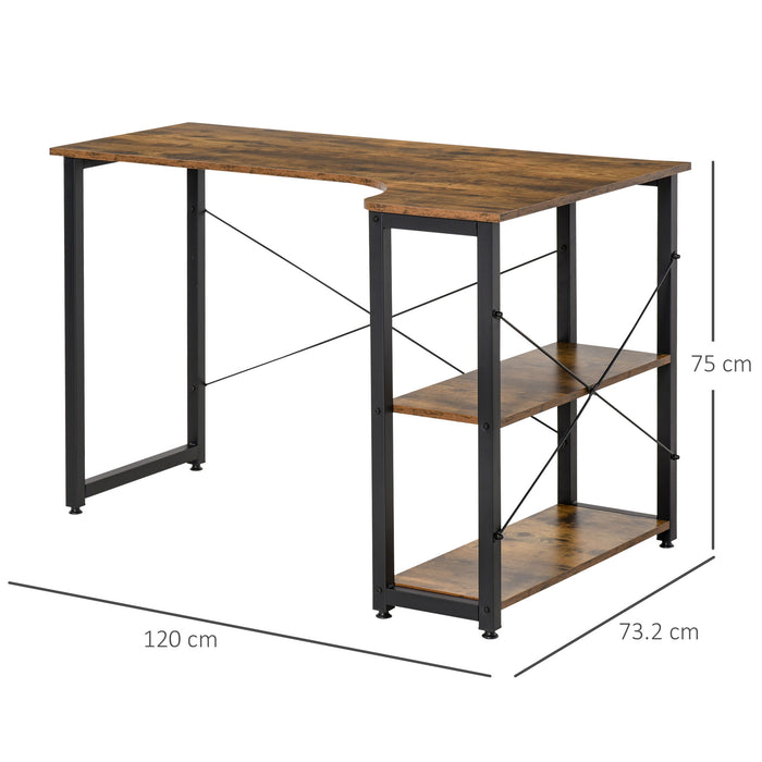 L-Shaped Study Workstation - Home Office Corner Desk with Dual Shelves and Steel Frame - Ideal for Work and Study in Rustic Brown