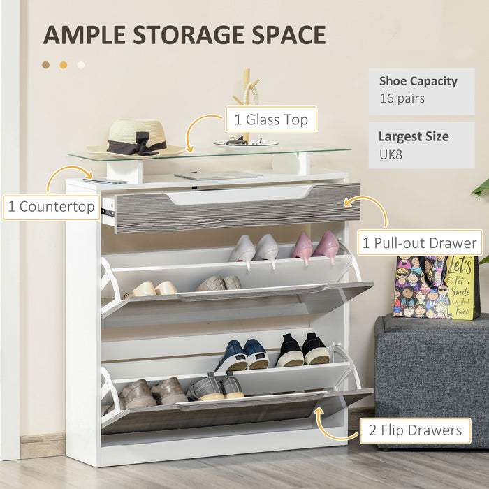 High Gloss 3-Drawer Shoe Cabinet with Flip Doors - Glass Top, Adjustable Shelf, 14-Pair Storage Cupboard in Grey - Ideal for Space-Saving and Organizing Footwear