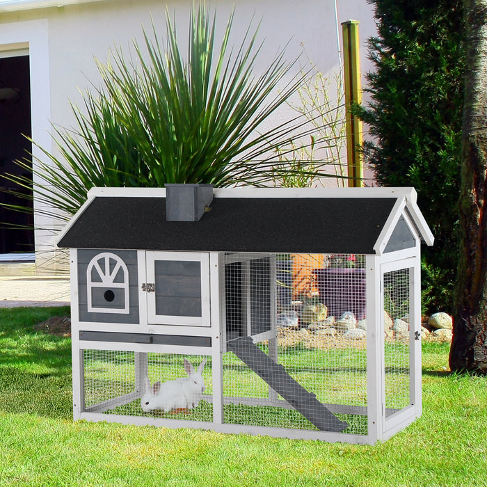 Wooden Guinea Pig & Bunny Hutch with Pull Out Tray - Outdoor/Indoor Cage, Run Box, Ramp, Asphalt Roof - Ideal for Small Pets, Grey