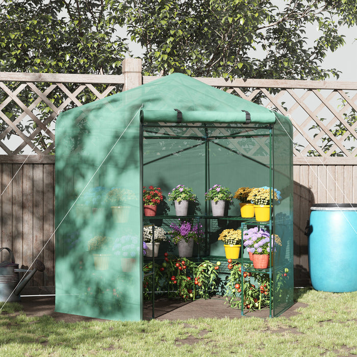 Hexagon Walk-In Greenhouse - PE Cover, Flower & Plant Growth Enclosure with Zippered Door - Perfect for Gardeners, 225x194x215 cm