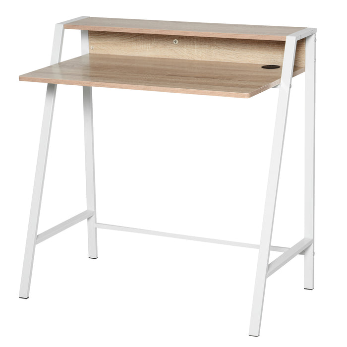 White and Oak Writing Desk - Computer Table with Storage Shelf for Home Office - PC Laptop Workstation for Remote Work and Study