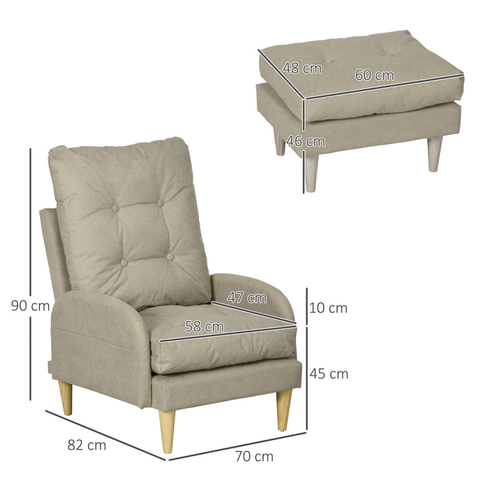 Modern Beige Upholstered Armchair and Footstool Set - Button Tufted Accent Chair with Adjustable Backrest, Cushions, Wooden Legs, and Side Pockets - Comfortable Seating Solution for Living Room or Reading Nook