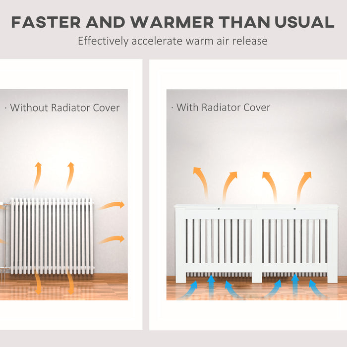 Modern White Slatted Radiator Cover - MDF Cabinet with Lined Grill Design, 172x19x81cm - Enhances Home Decor & Safety