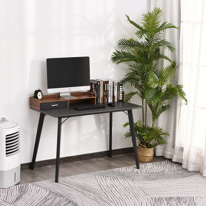 Modern Computer Desk with Hutch and Drawer - Laptop Writing Table Workstation in Brown and Black - Ideal for Home Office Use