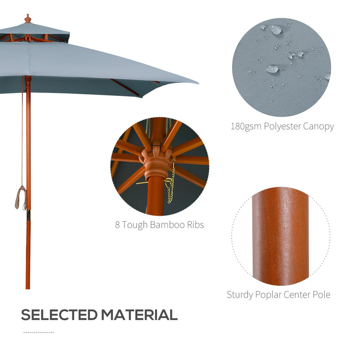 Wood Square Patio Umbrella - 3x3m Garden Market Sunshade with Dual Pulley System in Pagoda Style, Dark Grey - Ideal for Outdoor Comfort and UV Protection