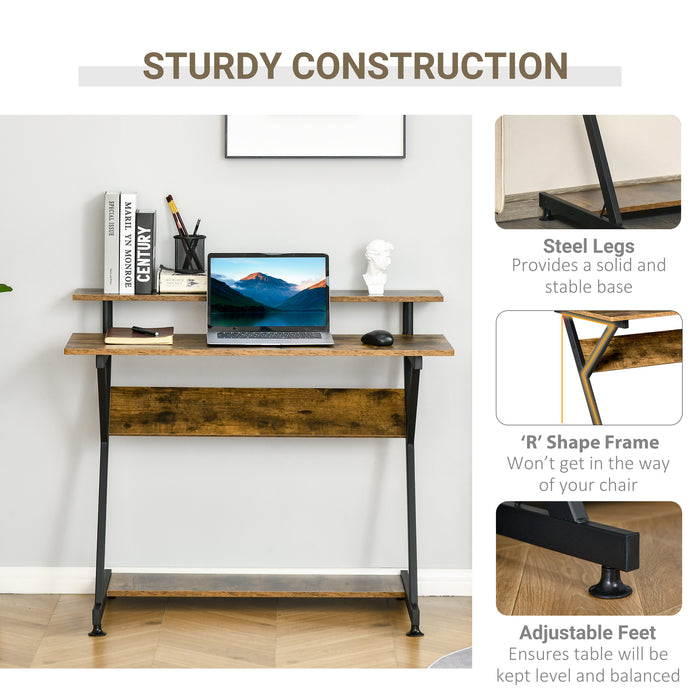 Compact R-Shaped Computer Desk - Home Office PC Table with Monitor Shelf and Storage - Ideal for Gaming, Studying, Small Spaces, 100cm, Brown