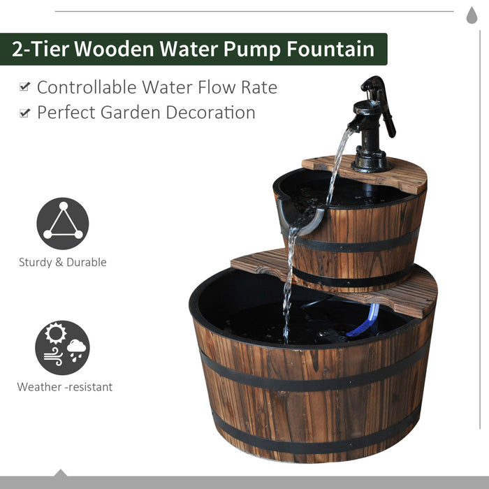 Rustic Barrel-Designed Water Fountain - Wooden 2-Tier Cascading Water Pump Feature for Gardens and Decks - Outdoor Relaxation and Ambient Decor