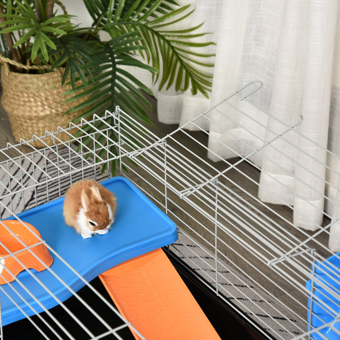 2-Tier Steel Small Animal Hutch - Durable Guinea Pig House with Accessories in Blue/Orange - Ideal for Small Pet Comfort & Shelter