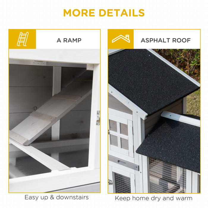 2 Tier Wooden Rabbit Hutch with Slide-Out Tray and Ramp - Spacious Guinea Pig Cage and Bunny Run for Small Animals - Ideal for Indoor and Outdoor Pet Shelter, 150x55x91cm, Grey