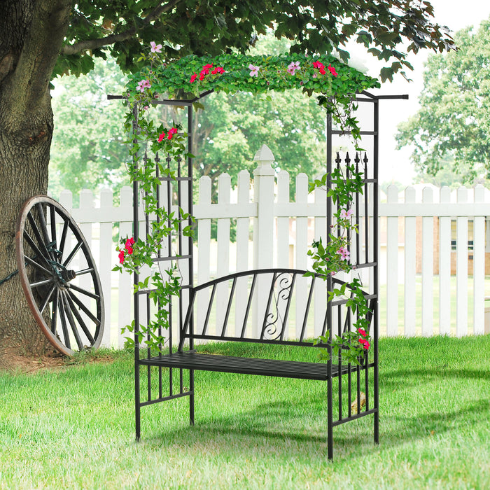 Garden Metal Arch Arbor with Bench - Outdoor Patio Love Seat Chair & Climbing Plant Pergola Trellis - Perfect for Cozy Couple Seating & Garden Beautification