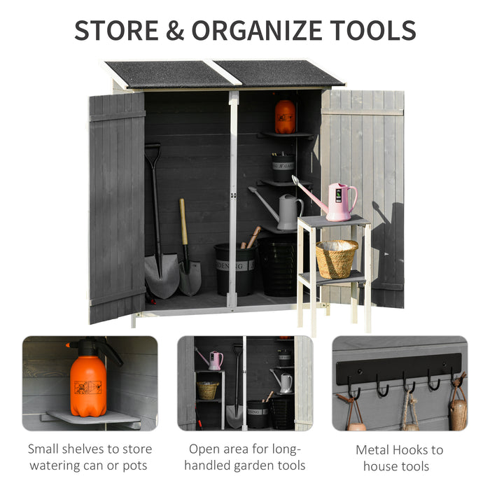 Garden Tool Storage Solution - Multifunctional Lockable Shed with Table, Hooks, and Ground Nails - Ideal Organizer for Outdoor Equipment, 139x75x160cm, Grey