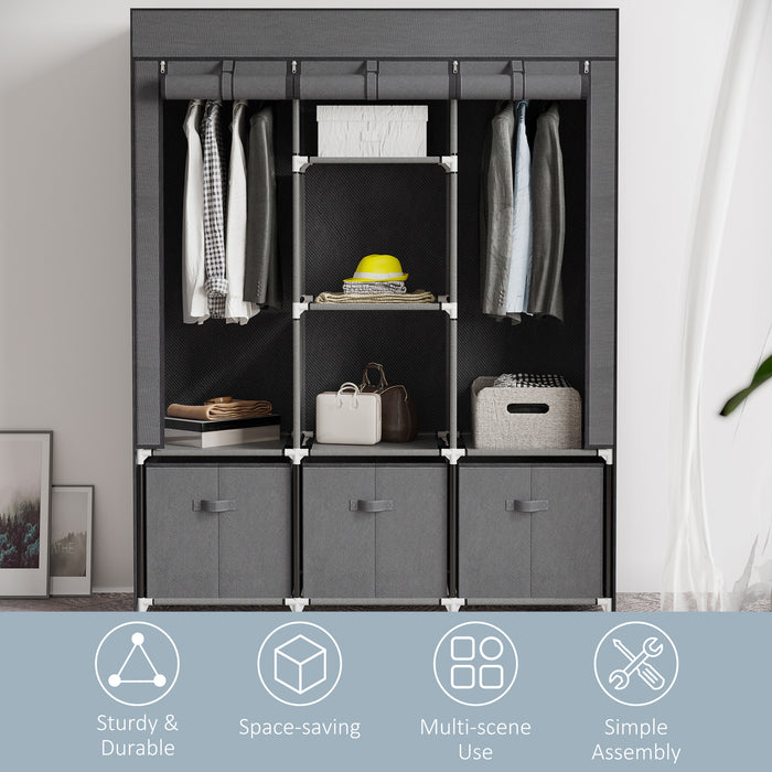 Portable Fabric Wardrobe with Shelves and Hanging Rails - Foldable Closet Organizer with Drawers, 125x43x162.5 cm, Dark Grey - Ideal Storage Solution for Clothes and Accessories