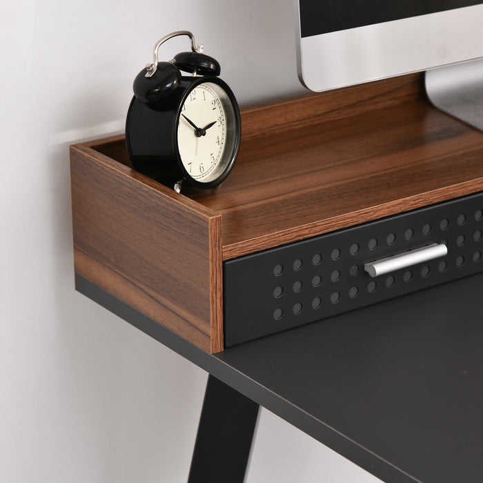 Modern Computer Desk with Hutch and Drawer - Laptop Writing Table Workstation in Brown and Black - Ideal for Home Office Use