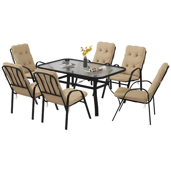 7 Piece Garden Dining Set - Outdoor Table with Tempered Glass Top and Umbrella Hole, 6 Beige Texteline Armchairs with Cushions - Ideal for Patio Entertaining and Family Meals