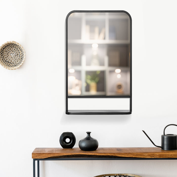 Modern Black Square Wall Mirror with Storage Shelf - 86x53cm Reflective Space Saver for Bedroom & Living Room - Stylish Decor with Functional Design