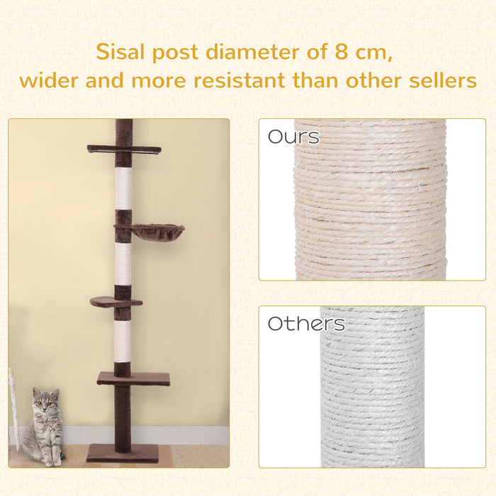 5-Tier Floor to Ceiling Cat Tree - Tall Climbing Activity Center with Scratching Post, Adjustable 230-260cm - Ideal for Playful Cats and Kittens