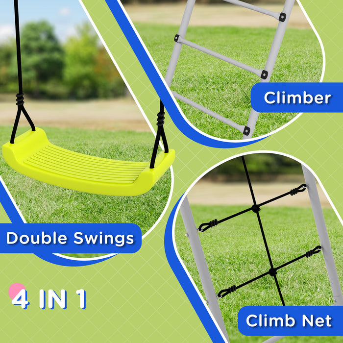 4-in-1 Metal Garden Swing Set - Double Swings, Climber, Climbing Net in Green - Outdoor Play Equipment for Children